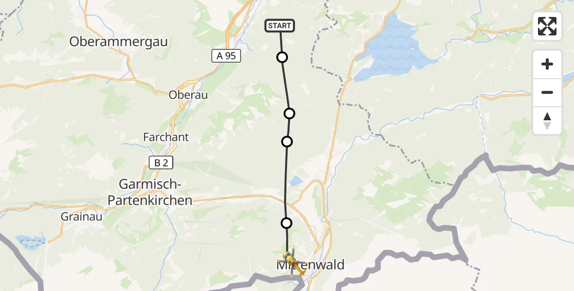 Flugroute Rettungshubschrauber Ohlstadt - Mittenwald, 15 August 2026, 13:04