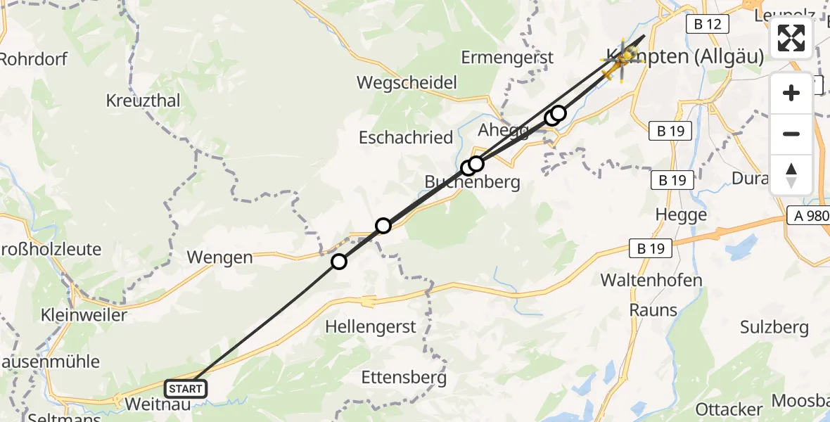 Flugroute Rettungshubschrauber Weitnau - Kempten (Allgäu), 15 August 2026, 13:08