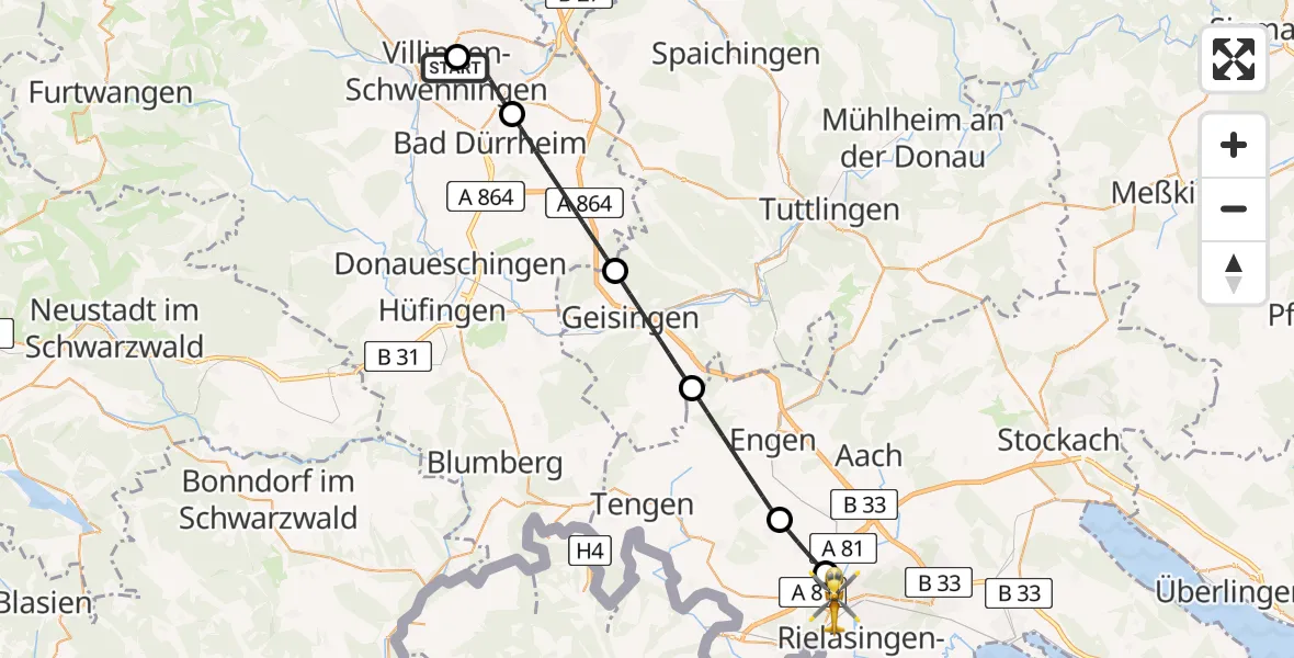 Flugroute Ambulanzhubschrauber DRF Air Rescue Station Villingen-Schwenningen Hubschrauberlandeplatz (Christoph 11) - Singen (Hohentwiel), 15 August 2026, 13:11