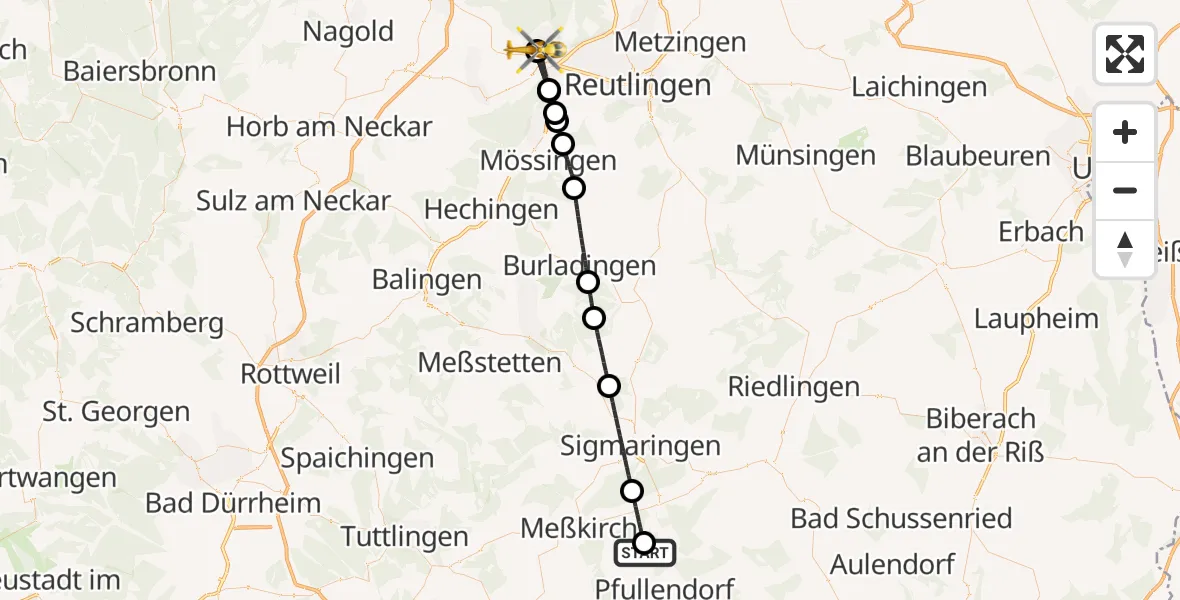 Flugroute Rettungshubschrauber Pfullendorf - Tübingen University Hospital, 15 August 2026, 13:12