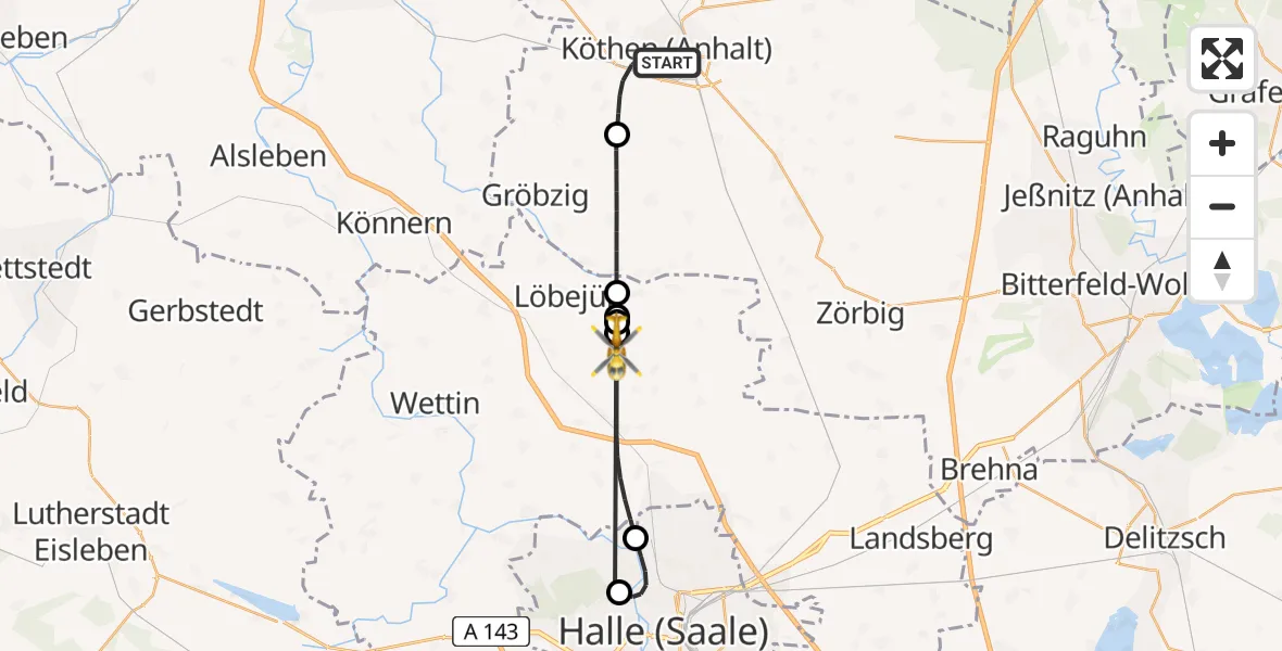 Flugroute Rettungshubschrauber Köthen (Anhalt) - Petersberg, 15 August 2026, 13:12