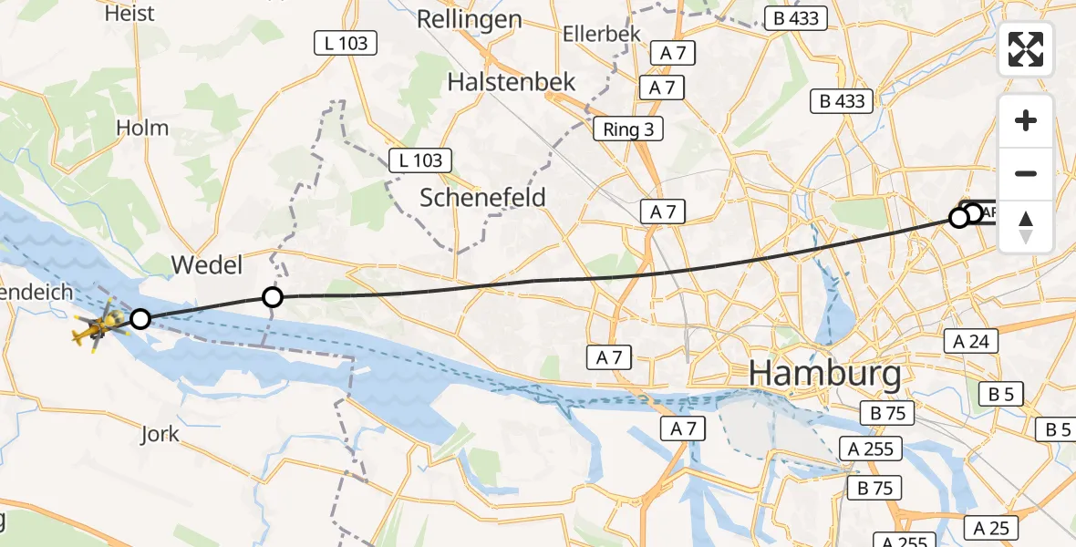 Flugroute Rettungshubschrauber Hamburg Military Hospital - Jork, 15 August 2026, 13:23