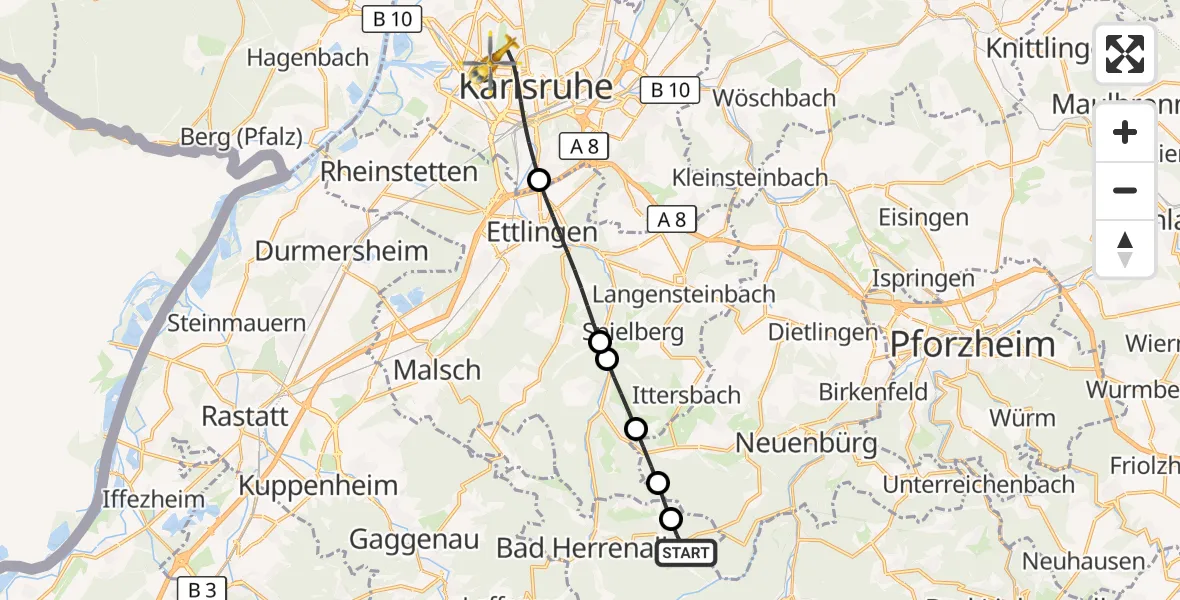 Flugroute Ambulanzhubschrauber Dobel - Karlsruhe, 15 August 2026, 13:23