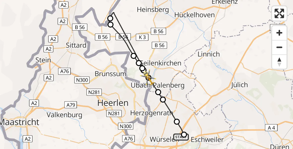 Flugroute Rettungshubschrauber Aachen-Merzbrück Flughafen - Übach-Palenberg, 15 August 2026, 13:24