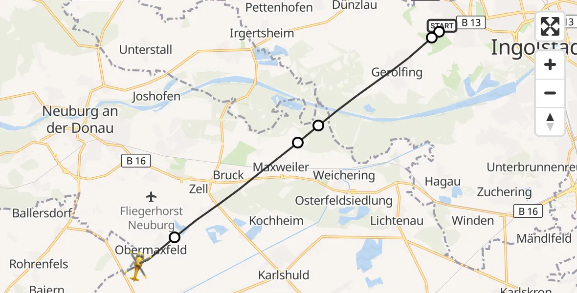 Flugroute Rettungshubschrauber Ingolstadt Hospital - Königsmoos, 15 August 2026, 13:27