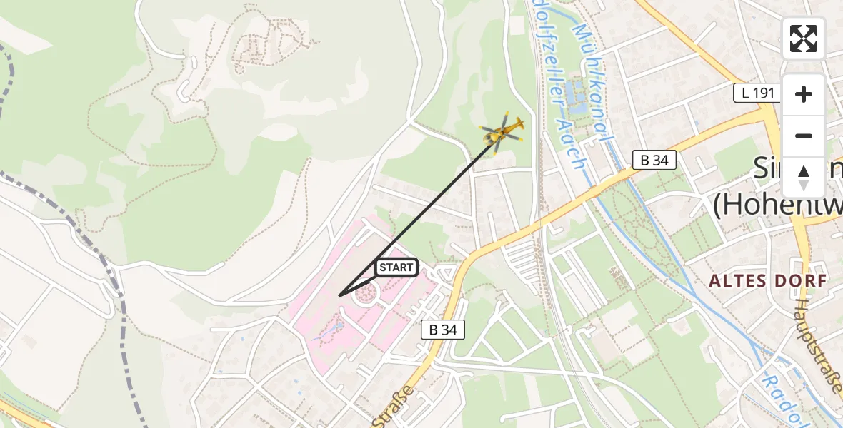 Flugroute Ambulanzhubschrauber Singen (Hohentwiel) - Singen (Hohentwiel), 15 August 2026, 13:29