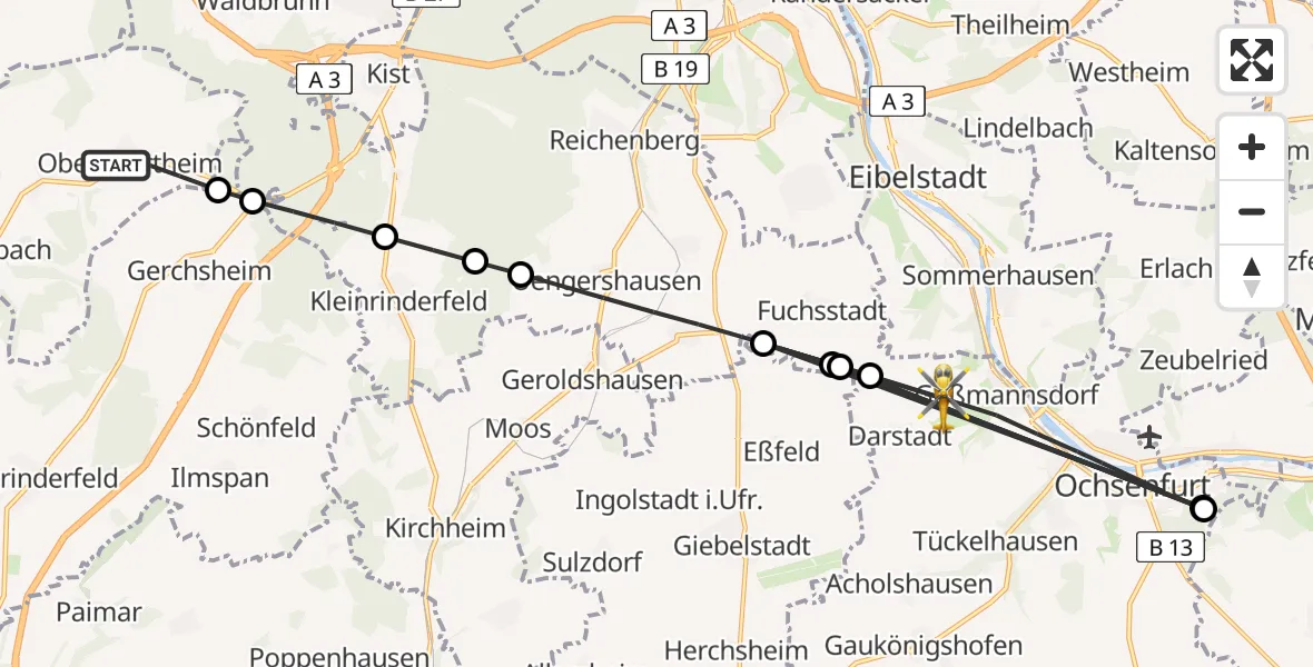 Flugroute Rettungshubschrauber Altertheim - Ochsenfurt, 15 August 2026, 13:30
