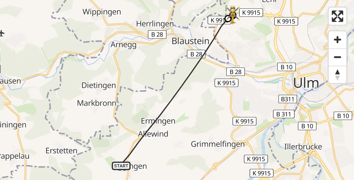 Flugroute Rettungshubschrauber Ulm - ADAC Air Rescue Station Ulm (Christoph 22), 15 August 2026, 13:31