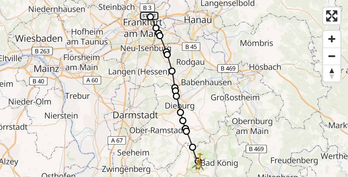 Flugroute Rettungshubschrauber Frankfurt am Main Accident Hospital Roof Helipad (CHX2) - Brombachtal, 15 August 2026, 13:32