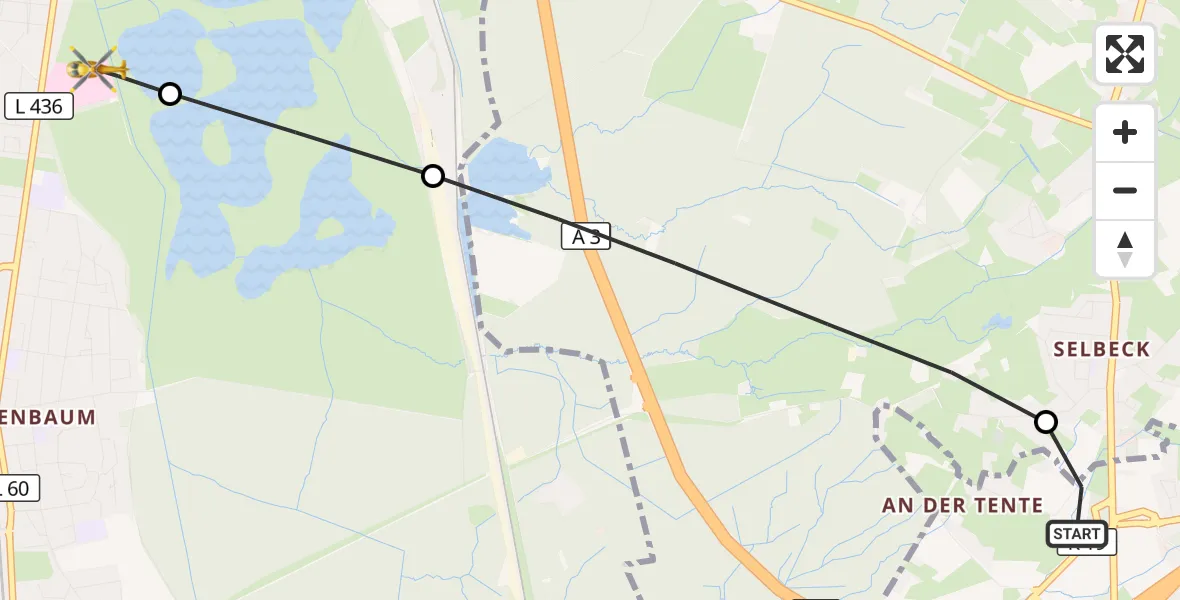 Flugroute Rettungshubschrauber Ratingen - Duisburg Air Rescue Hubschrauberlandeplatz (Christoph 9), 15 August 2026, 13:34