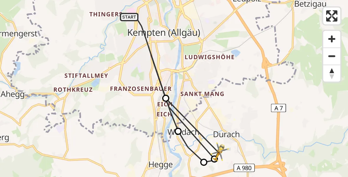 Flugroute Rettungshubschrauber Kempten (Allgäu) - Kempten-Durach Flugplatz, 15 August 2026, 13:36