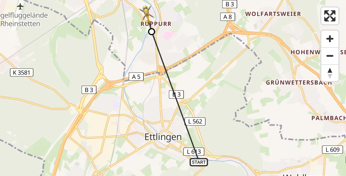 Flugroute Ambulanzhubschrauber Ettlingen - Karlsruhe, 15 August 2026, 13:37