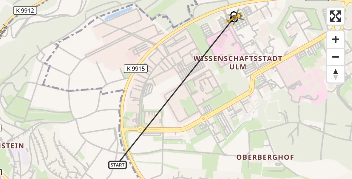 Flugroute Rettungshubschrauber Ulm - Ulm Military Hospital Emergency, 15 August 2026, 13:37