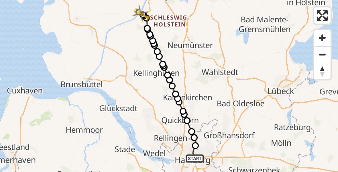 Flugroute Ambulanzhubschrauber Hamburg - Hörsten, 15 August 2026, 13:40