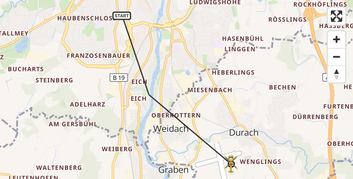 Flugroute Rettungshubschrauber Kempten (Allgäu) - Kempten-Durach Flugplatz, 15 August 2026, 13:46
