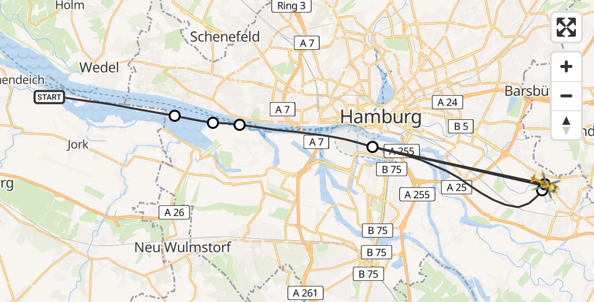 Flugroute Rettungshubschrauber Jork - Christoph Hansa ADAC Hubschrauberlandeplatz, 15 August 2026, 13:46