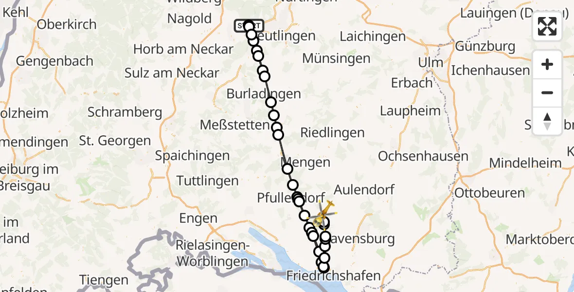 Flugroute Rettungshubschrauber Tübingen University Hospital - Wilhelmsdorf, 15 August 2026, 13:49