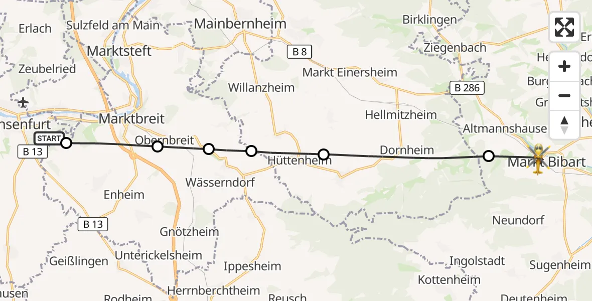 Flugroute Rettungshubschrauber Ochsenfurt Hospital - Markt Bibart, 15 August 2026, 13:49