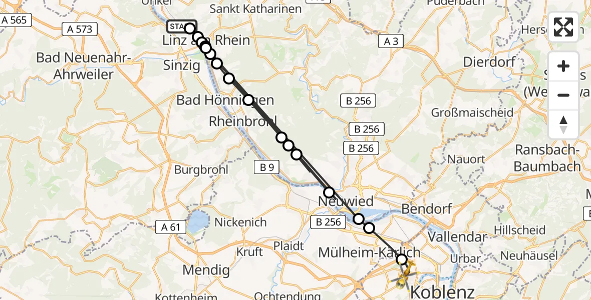 Flugroute Rettungshubschrauber Remagen - Koblenz, 15 August 2026, 13:51