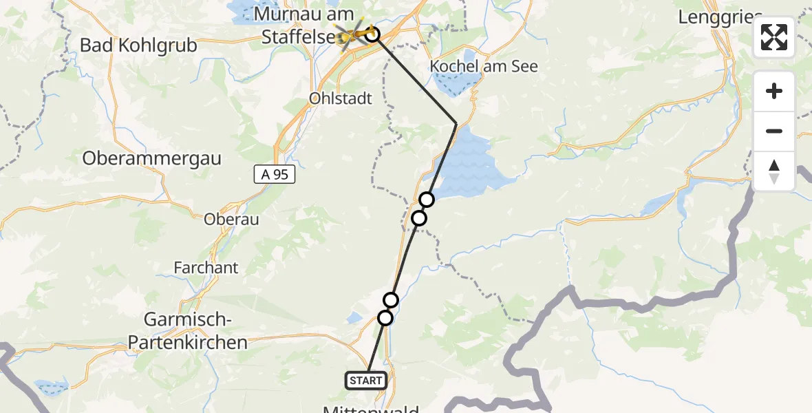 Flugroute Rettungshubschrauber Mittenwald - Riegsee, 15 August 2026, 13:51