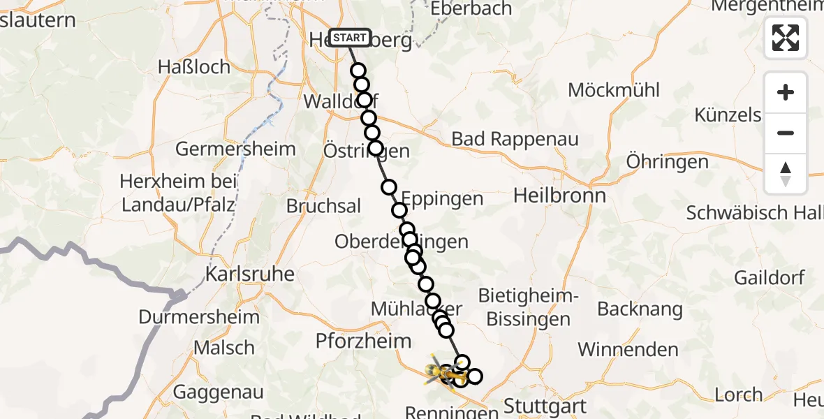 Flugroute Rettungshubschrauber Heidelberg - Weissach, 15 August 2026, 13:54