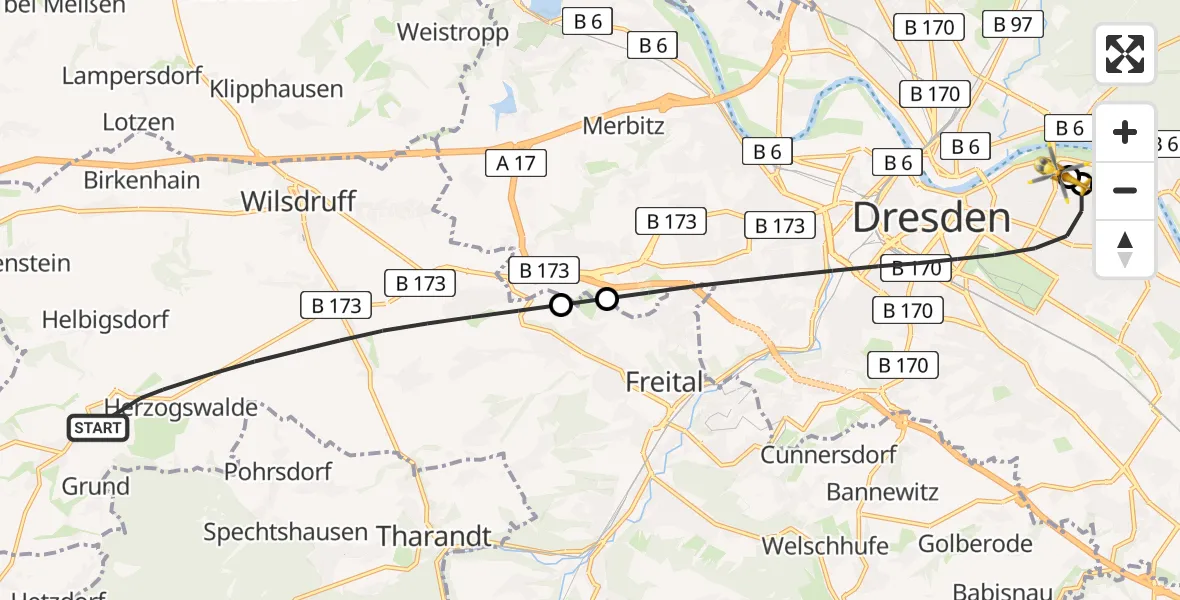 Flugroute Rettungshubschrauber Wilsdruff - Dresden University Hospital, 15 August 2026, 13:56