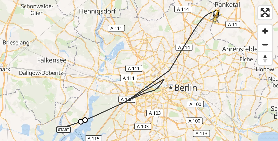 Flugroute Rettungshubschrauber Berlin - Helios Clinic Berlin-Buch, 15 August 2026, 13:57