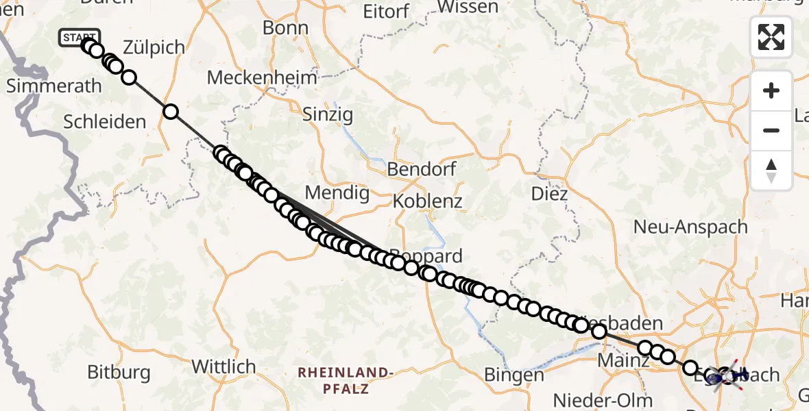 Flugroute Polizeihubschrauber Hürtgenwald - Flughafen Frankfurt-Egelsbach, 15 August 2026, 14:00