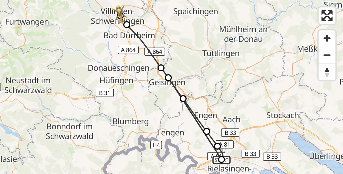Flugroute Ambulanzhubschrauber Singen (Hohentwiel) - DRF Air Rescue Station Villingen-Schwenningen Hubschrauberlandeplatz (Christoph 11), 15 August 2026, 14:03