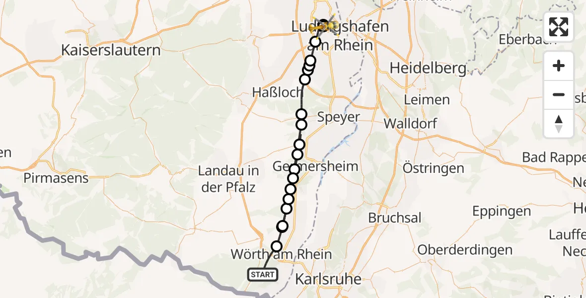 Flugroute Rettungshubschrauber Wörth am Rhein - Ludwigshafen Accident Hospital, 15 August 2026, 14:08