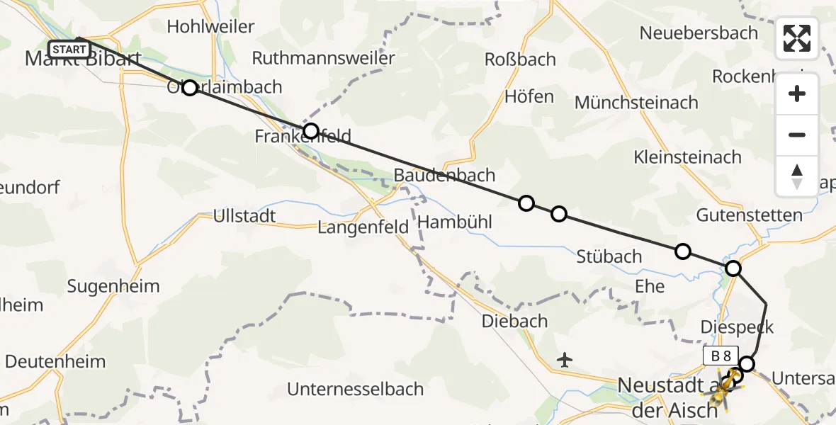 Flugroute Rettungshubschrauber Markt Bibart - Neustadt Hospital, 15 August 2026, 14:10
