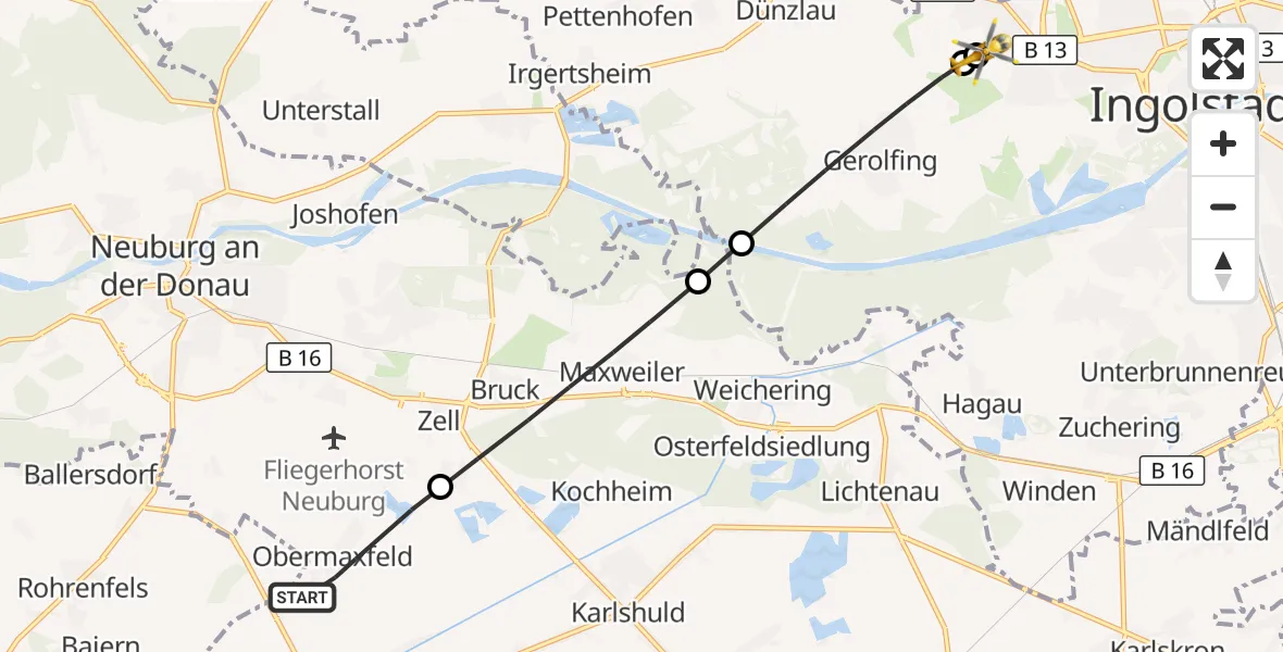 Flugroute Rettungshubschrauber Königsmoos - Ingolstadt Hospital, 15 August 2026, 14:11