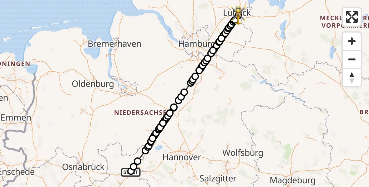 Flugroute Rettungshubschrauber Porta Westfalica Flugplatz - Lübeck, 15 August 2026, 14:13