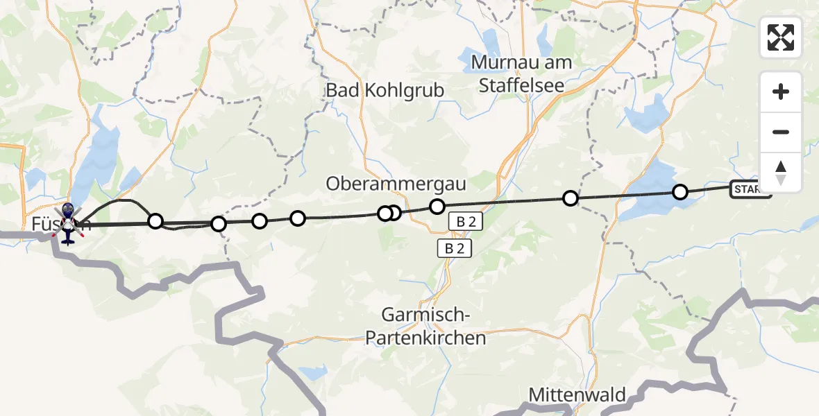 Flugroute Polizeihubschrauber Jachenau - Füssen, 15 August 2026, 14:14