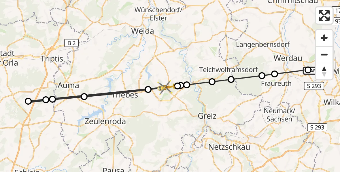 Flugroute Rettungshubschrauber ADAC Air Rescue Station Zwickau Hubschrauberlandeplatz - Langenwetzendorf, 15 August 2026, 14:18