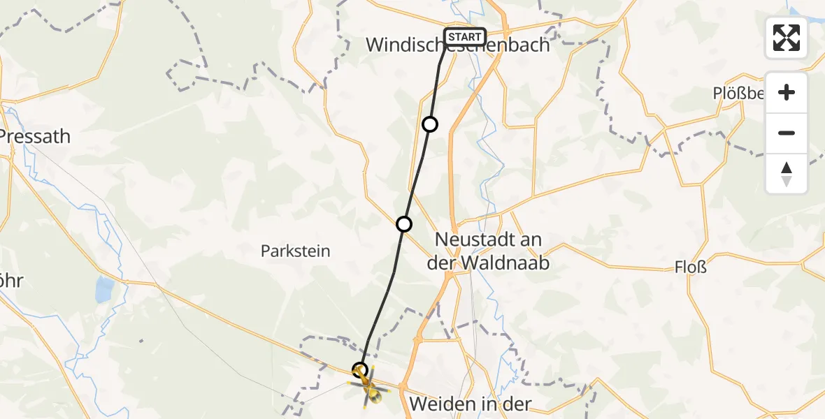 Flugroute Ambulanzhubschrauber Windischeschenbach - Weiden i.d.OPf., 15 August 2026, 14:19