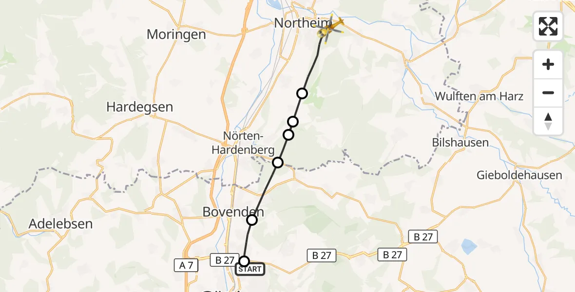 Flugroute Rettungshubschrauber Göttingen University Clinic Hubschrauberlandeplatz - Northeim, 15 August 2026, 14:31