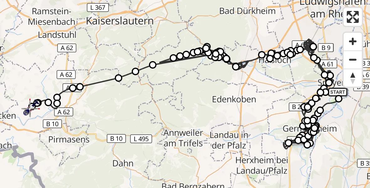 Flugroute Polizeihubschrauber Speyer - Pirmasens-Pottschütthöhe Flugplatz, 15 August 2026, 14:32