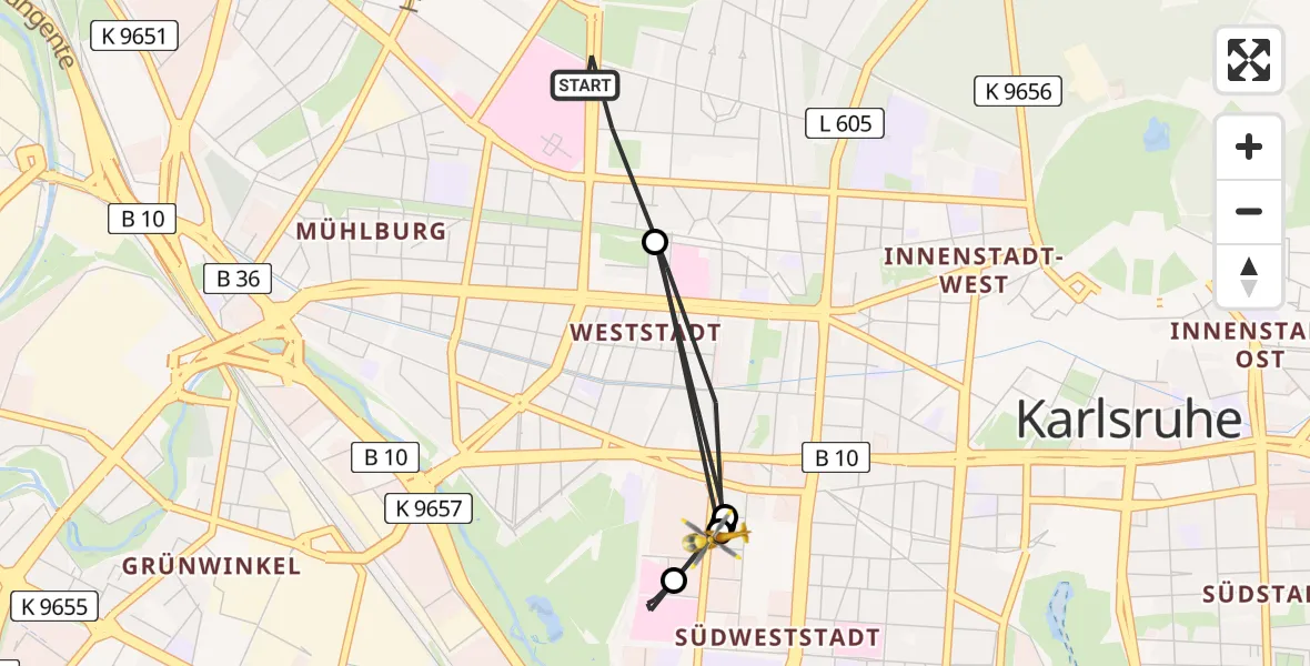 Flugroute Ambulanzhubschrauber Karlsruhe - Sankt Vincentius Hospital Hubschrauberlandeplatz, 15 August 2026, 14:36