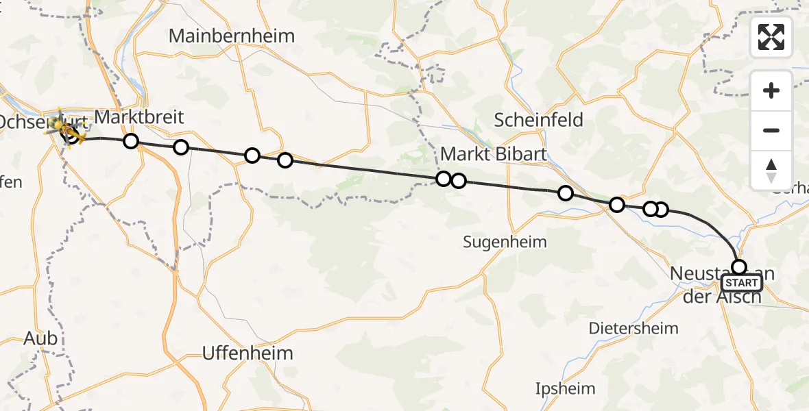 Flugroute Rettungshubschrauber Neustadt Hospital - Ochsenfurt Hospital, 15 August 2026, 14:36