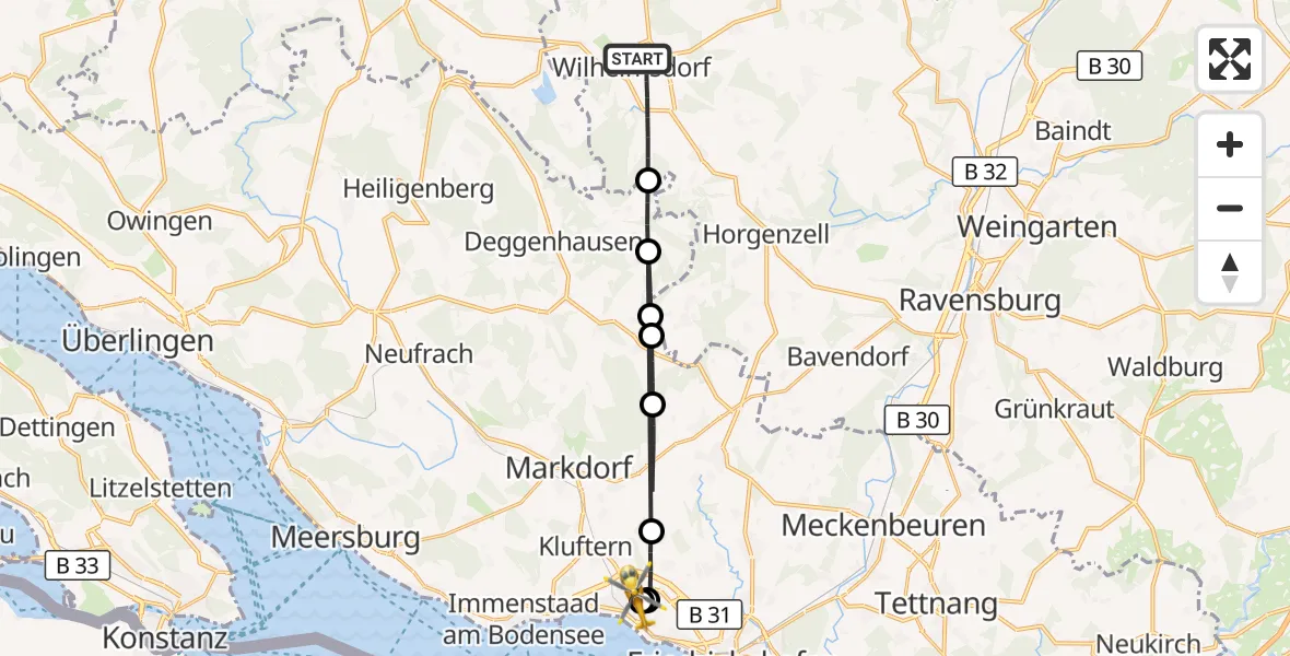 Flugroute Rettungshubschrauber Wilhelmsdorf - Friedrichshafen Hospital, 15 August 2026, 14:40