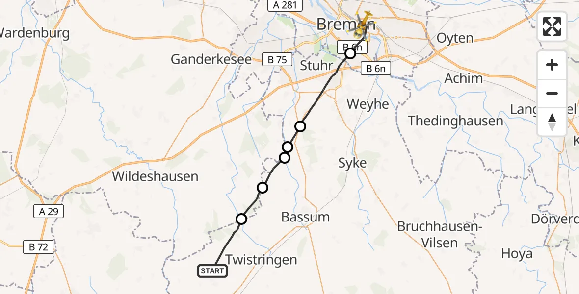 Flugroute Rettungshubschrauber Twistringen - Bremen, 15 August 2026, 14:40