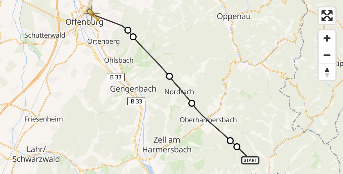 Flugroute Rettungshubschrauber Oberwolfach - Offenburg, 15 August 2026, 14:40