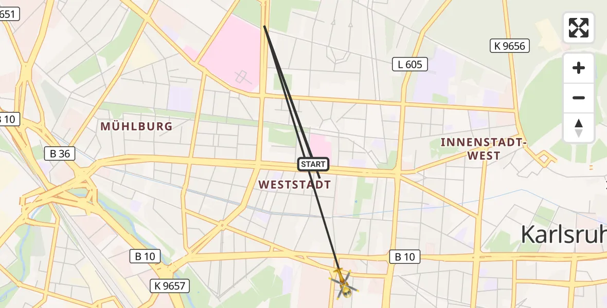 Flugroute Ambulanzhubschrauber Karlsruhe - Sankt Vincentius Hospital Hubschrauberlandeplatz, 15 August 2026, 14:44