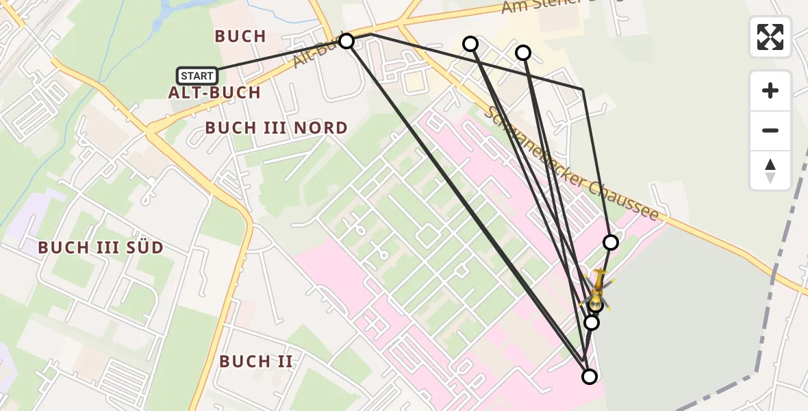 Flugroute Rettungshubschrauber Berlin - Helios Clinic Berlin-Buch, 15 August 2026, 14:44
