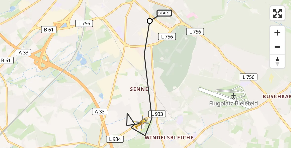 Flugroute Rettungshubschrauber Luftrettungszentrum Bielefeld - Bielefeld, 15 August 2026, 14:46