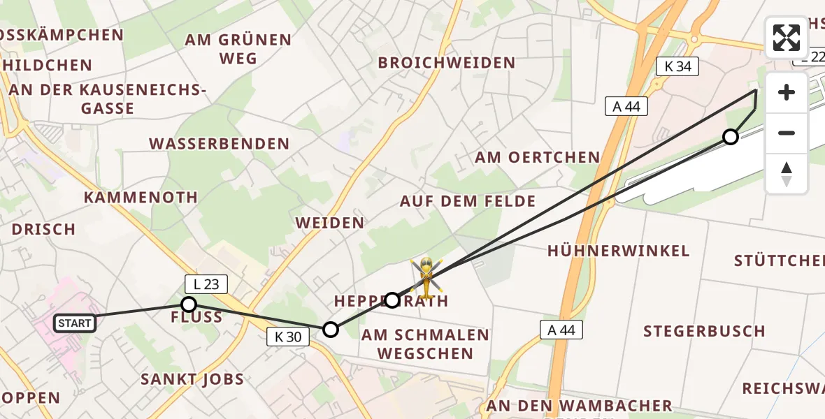 Flugroute Rettungshubschrauber Rhein-Maas Hospital - Würselen, 15 August 2026, 14:47