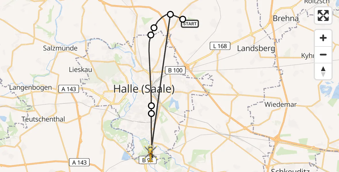 Flugroute Rettungshubschrauber Halle-Oppin Flugplatz - Halle (Saale), 15 August 2026, 14:48