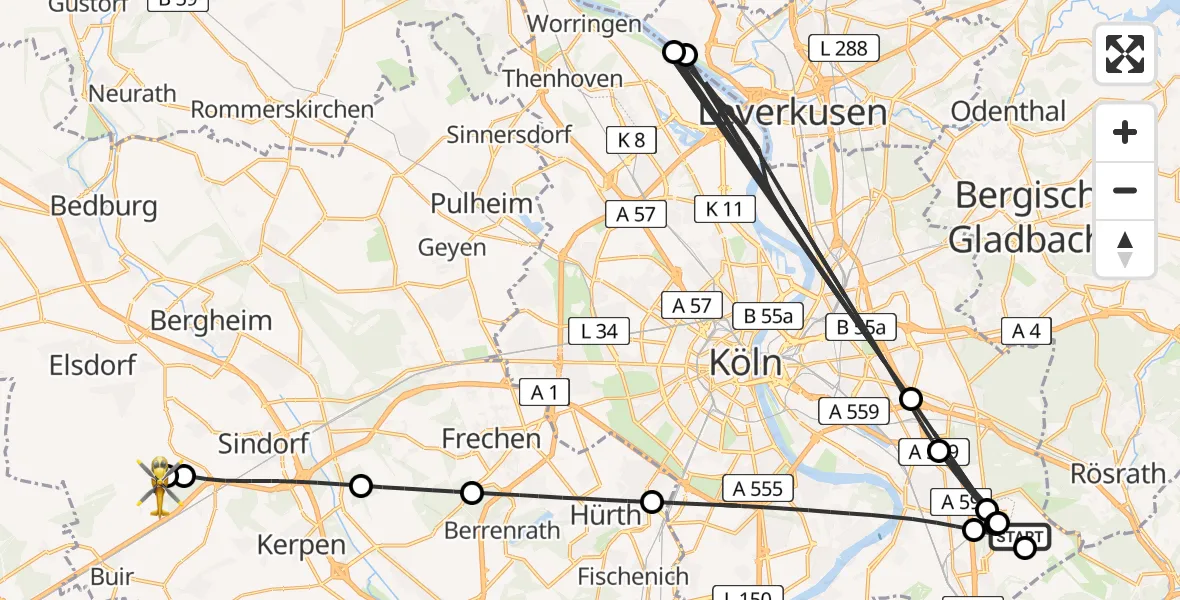 Flugroute Ambulanzhubschrauber Köln Bonn Flughafen - Kerpen, 15 August 2026, 15:05