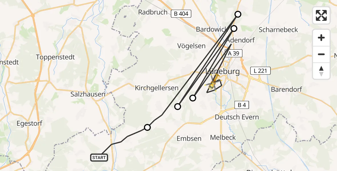 Flugroute Rettungshubschrauber Oldendorf (Luhe) - Lüneburg, 15 August 2026, 15:07